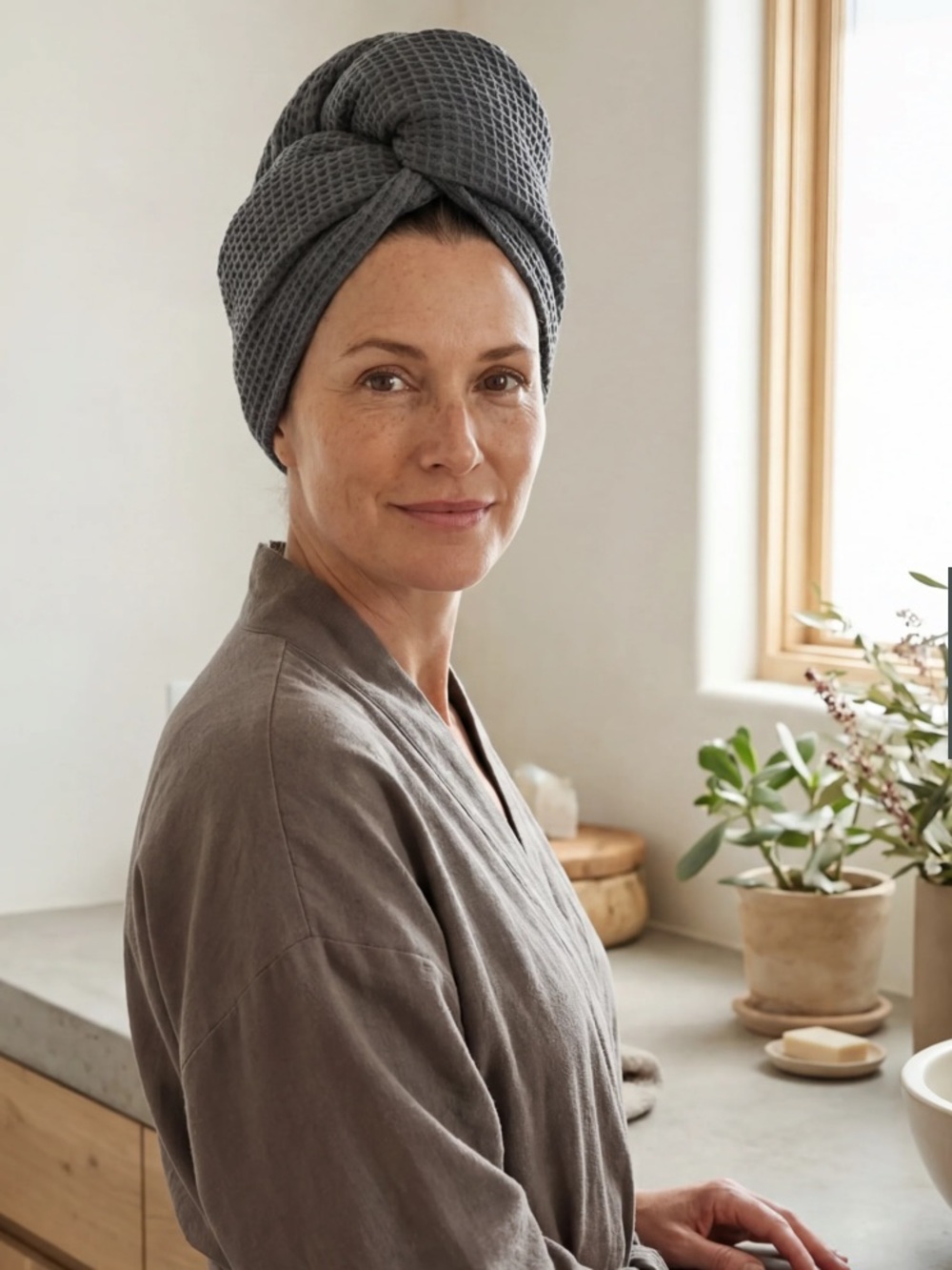 Ettitude Bamboo Waffle Hair Towel Slate Gray Absorbent Eco Friendly Sustainable